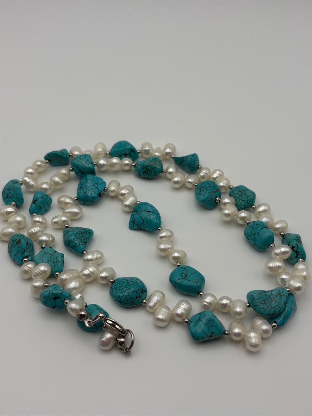 Genuine Freshwater Pearl, Faux Turquoise Necklace - Picture 4 of 5